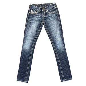 Vigoss Womens Skinny Denim Blue Jeans Dark Wash Embroidered Jeweled Size 1 26